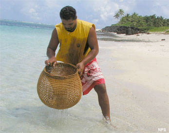 Samoan man using a fish basket